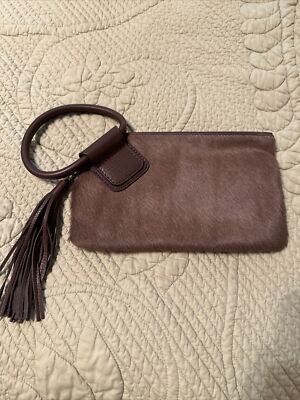 Hobo Clutch Wristlet Brown Leather w/ Haircalf Cow Print