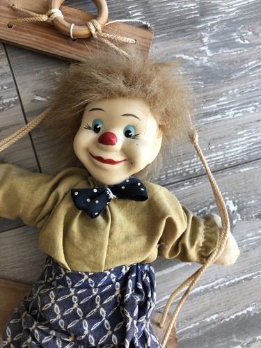 VINTAGE MARIONETTE STRING PUPPET CLOWN ON SWING HANGING PORCELAIN FACE