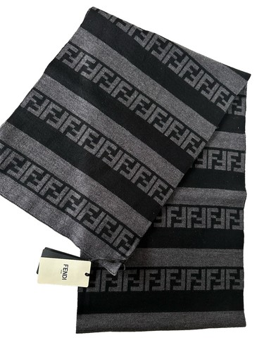 Pre-owned Fendi $470  Ff Logo Wool Black/grey Scarf 12w X 73.5l Fxs124 Italy In Gray