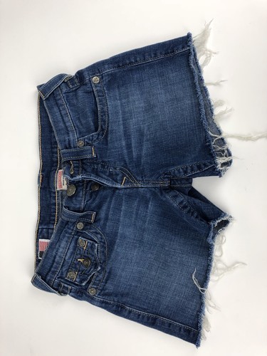 True Religion Womens Billy Jean Shorts 24 Blue Denim Frayed Hem Button Pockets