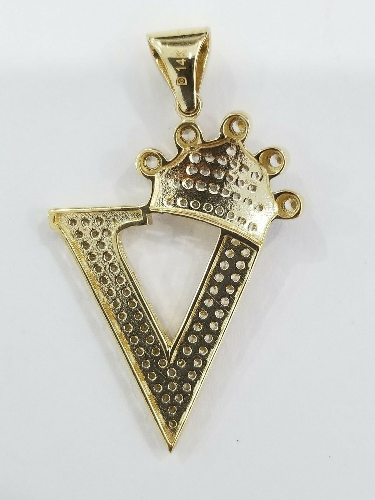 Pre-owned Crown 14k Unisex Yellow Gold  Initial Alphabet Letter V Pendant Charm King Cz
