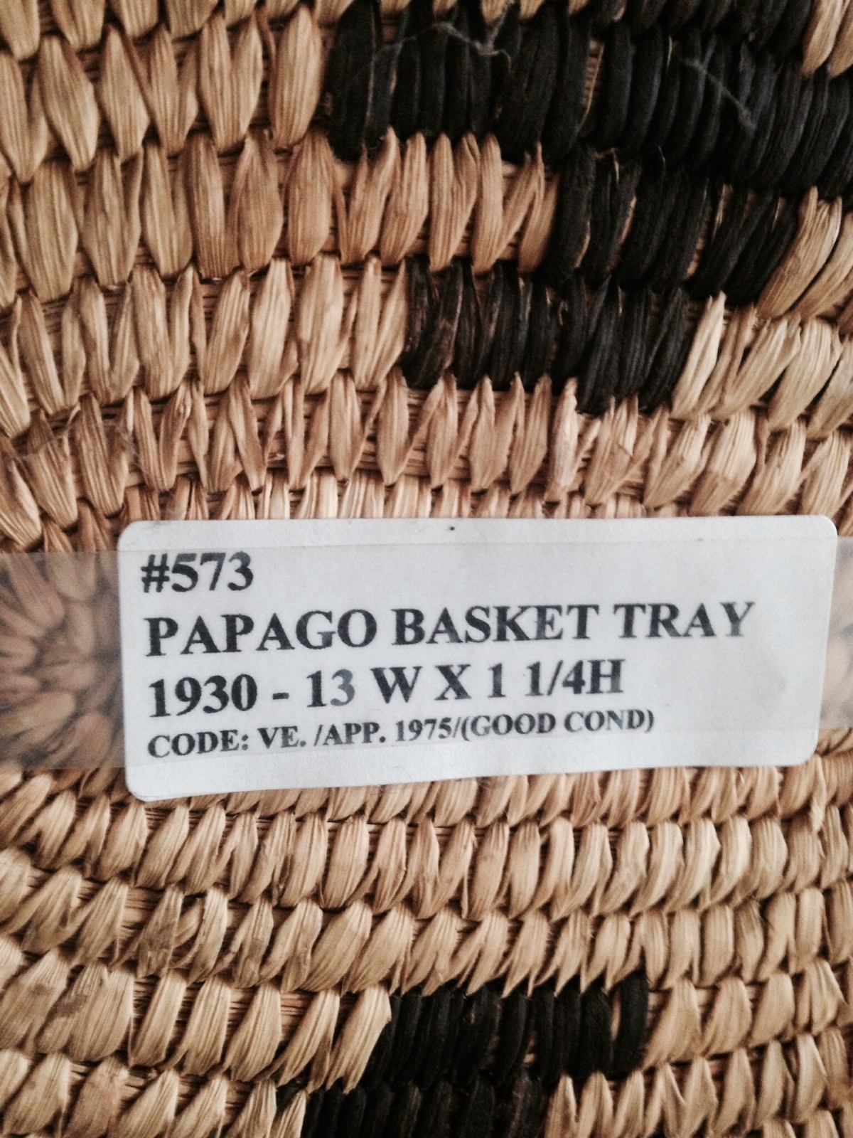 Papago Basket with handle. From private collection. Dated 1930. 13x11/4. Handle