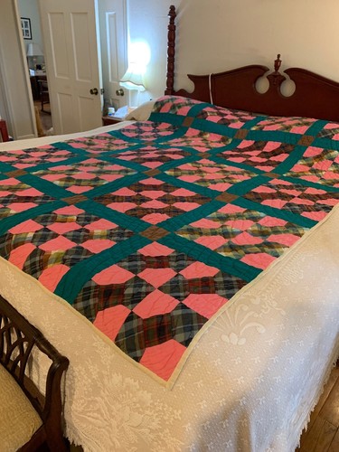 Vintage Cotton Pink Green Bowtie Hand Stiched Quilt 82 By 62