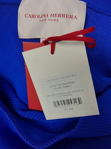 Pre-owned Carolina Herrera $1590  Women Blue Flutter Sleeve One-shoulder Knit Dress Size L