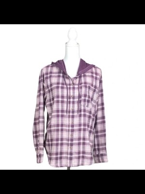 JUST POLLY Womens Purple Tie Curved Hem Plaid Sleeve Button Up Top XS