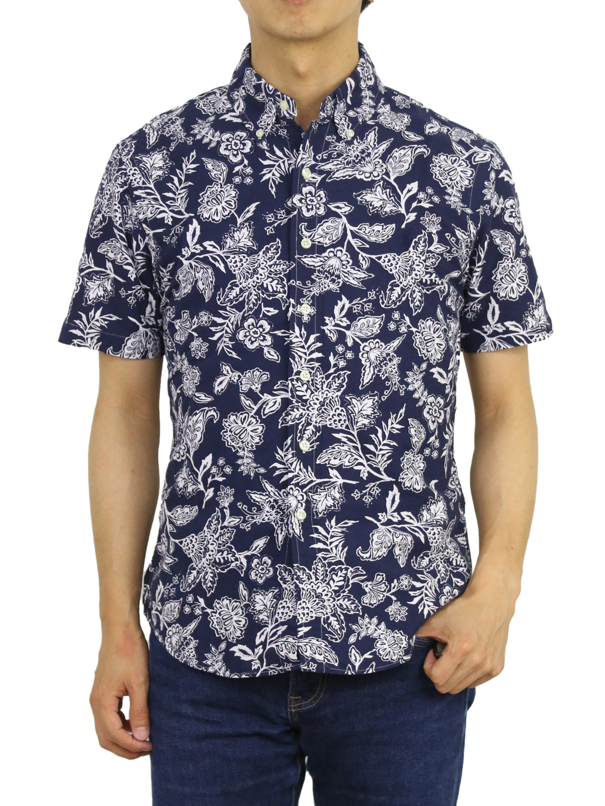 Polo Ralph Lauren Short Sleeve Slim Fit Floral Button Down Shirt - Navy w/ White