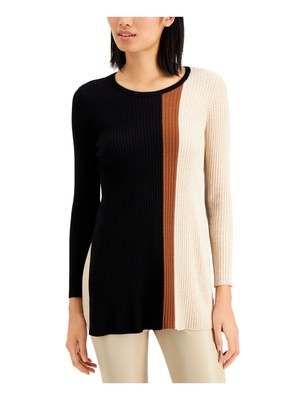 Женский свитер-туника с длинным рукавом и драгоценным камнем на шее ALFANI Womens Black Color Block XS
