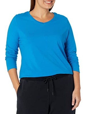 

JUST MY SIZE Женская синяя футболка с длинным рукавом и V-образным вырезом Plus, Синий