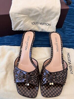AUTHENTIC LOUIS VUITTON Damier Monogram Sandals Heels Shoes Gold Charm UK 6.5