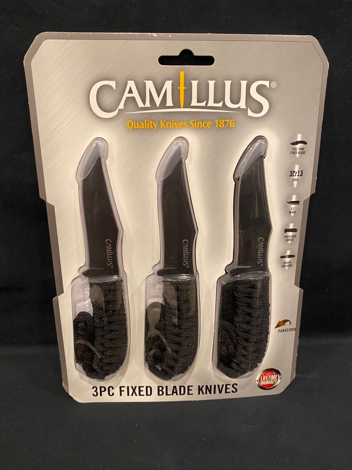 3 Piece Camillus Paracord Fixed Blade Knife Set, Hunting, Fishing, Survival