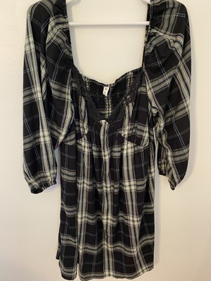 Nordstrom BP Mini Dress 3X Black Plaid Multi Lace NWT Smocked VNeck Holiday XXXL