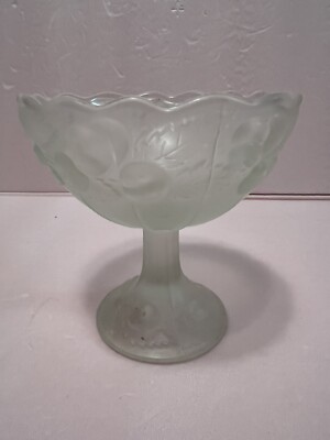 Bohemia Frosted Clear Satin Crystal Pedestal Candy Dish Plums/Peaches W/Leaves