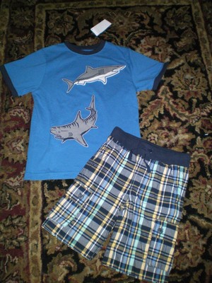 NWT Gymboree Shark Patrol Size 8 Set Blue Shark Attack Shirt Top  Plaid Shorts