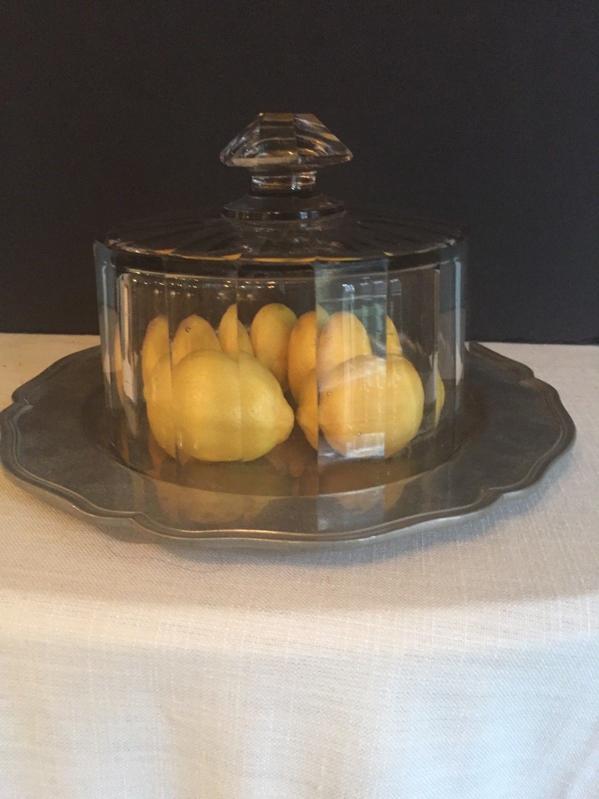 Antique French Glass Cloche Dome With Old Pewter Plate