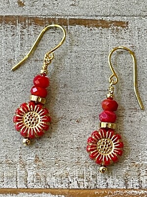 New! Handmade Czech Glass Flower Earrings, Dainty, Cute and Colorful Carnelian
