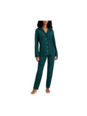 ALFANI INTIMATES Womens Green Long Sleeve Top Straight leg Pants Pajamas L