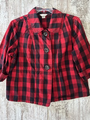 CJ BANKS Womens Plus Size 1X Red/Black Buffalo Check Button Front Fashion Jacket