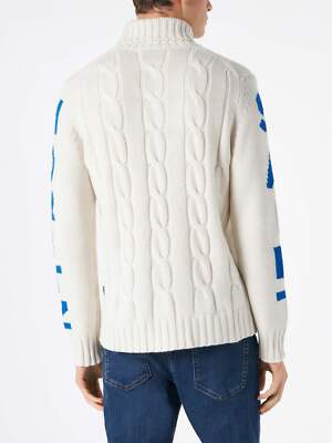 Pre-owned Mc2 Saint Barth Man Turtleneck Braided Sweater With Saint Moritz Print In White