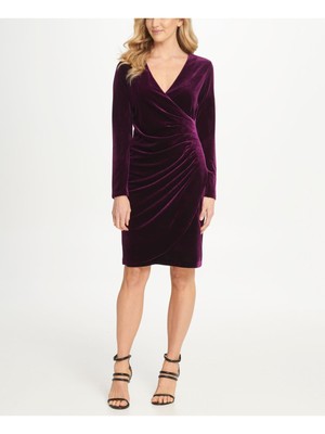 

Женское фиолетовое коктейльное платье-футляр DKNY с рюшами и длинными рукавами и V-образным вырезом до колена, Фиолетовый