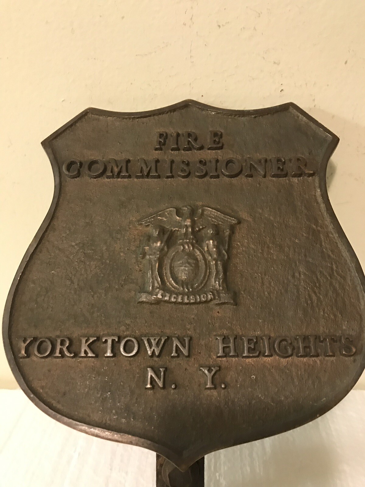 Vintage Brass Bronze Fire Commissioner Yorktown Hts Bumper Badge Plaque Topper