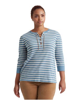 

RALPH LAUREN Женский синий топ в полоску с круглым вырезом и рукавами 3/4