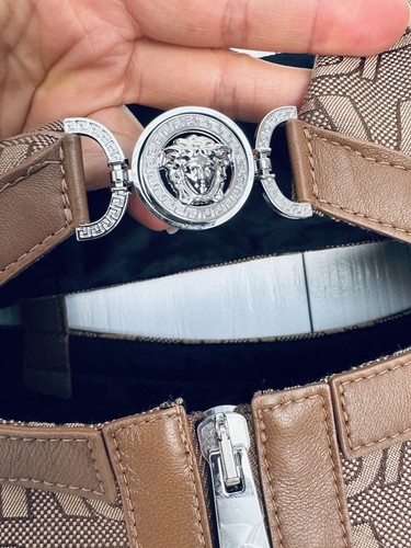 Pre-owned Versace Logo Print Cut Out Monogram Mini Dress Leather Trims It 40 Us 4 $3050 In Brown Tan