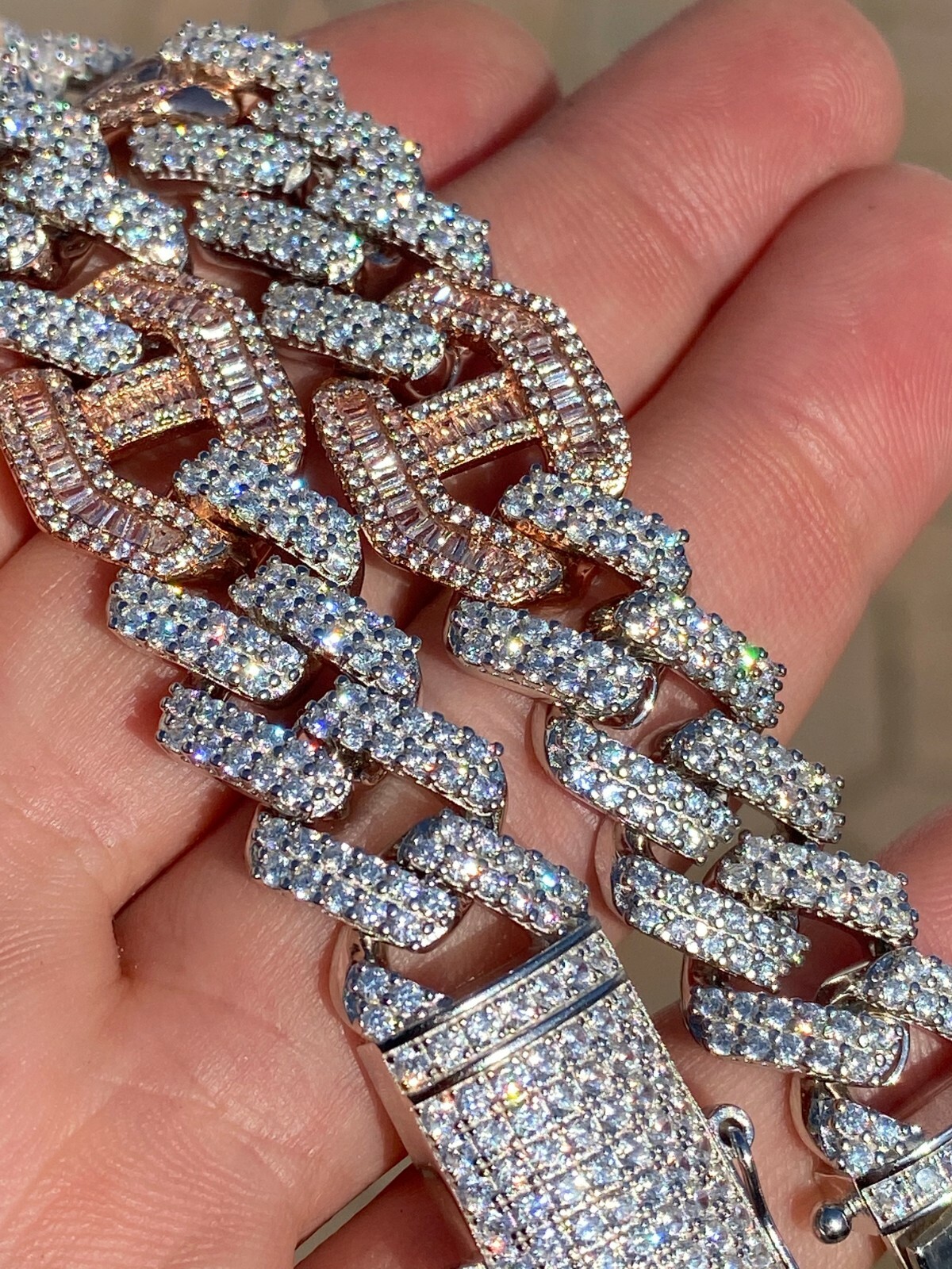 Pre-owned Silver Solid 925  Cz Rose Gold Plated Mens Figarucci Gucci Link Prong Cuban Chain In  & 14k Rose Gold