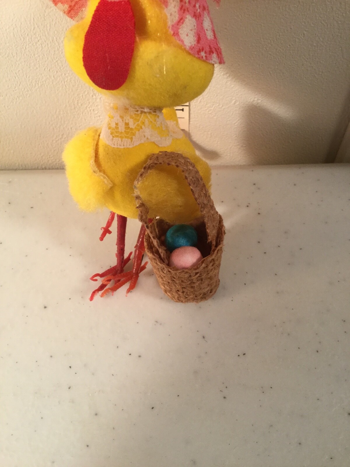 Vintage Chick with Pink Easter Hat Woven Easter Basket 2 Eggs Blue and Pin