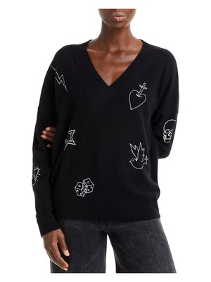 

AQUA CASHMERE Женский черный пуловер в рубчик с длинными рукавами и V-образным вырезом