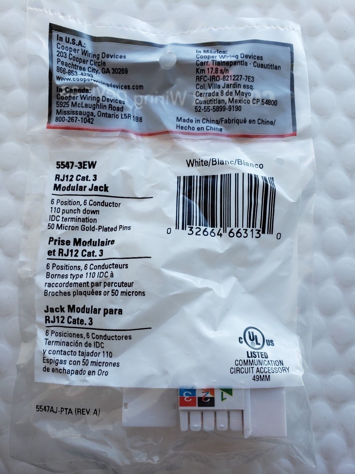 Cooper Wiring Device 5547-3EW Thermoplastic Video Jack MediaSync Voice and Data