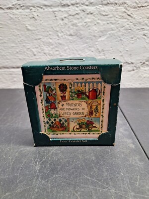 Stone Art Absorbent Coaster Set of Four -Friends Are Flowers Original Box Garden