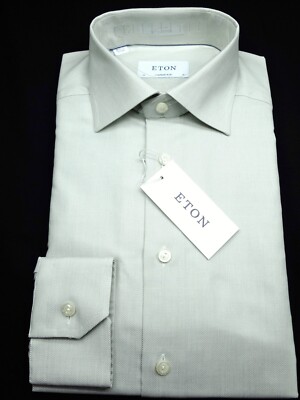 NEW ETON DRESS SHIRT -15 35 36 EARTH GRAY WHITE STRETCH CONTEMPORARY OXFORD SLIM