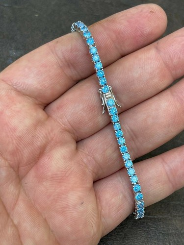 3mm Tennis Bracelet Real 925 Sterling Silver Simulated Aquamarine Blue CZ