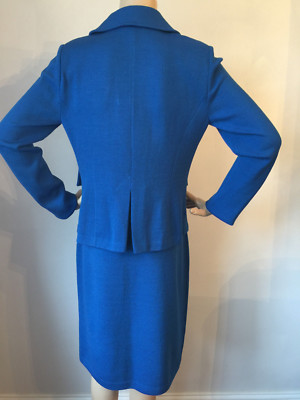 Pre-owned St John Knit 8 Suit Jacket & Skirt Button Front Havana Blue Santana Wool