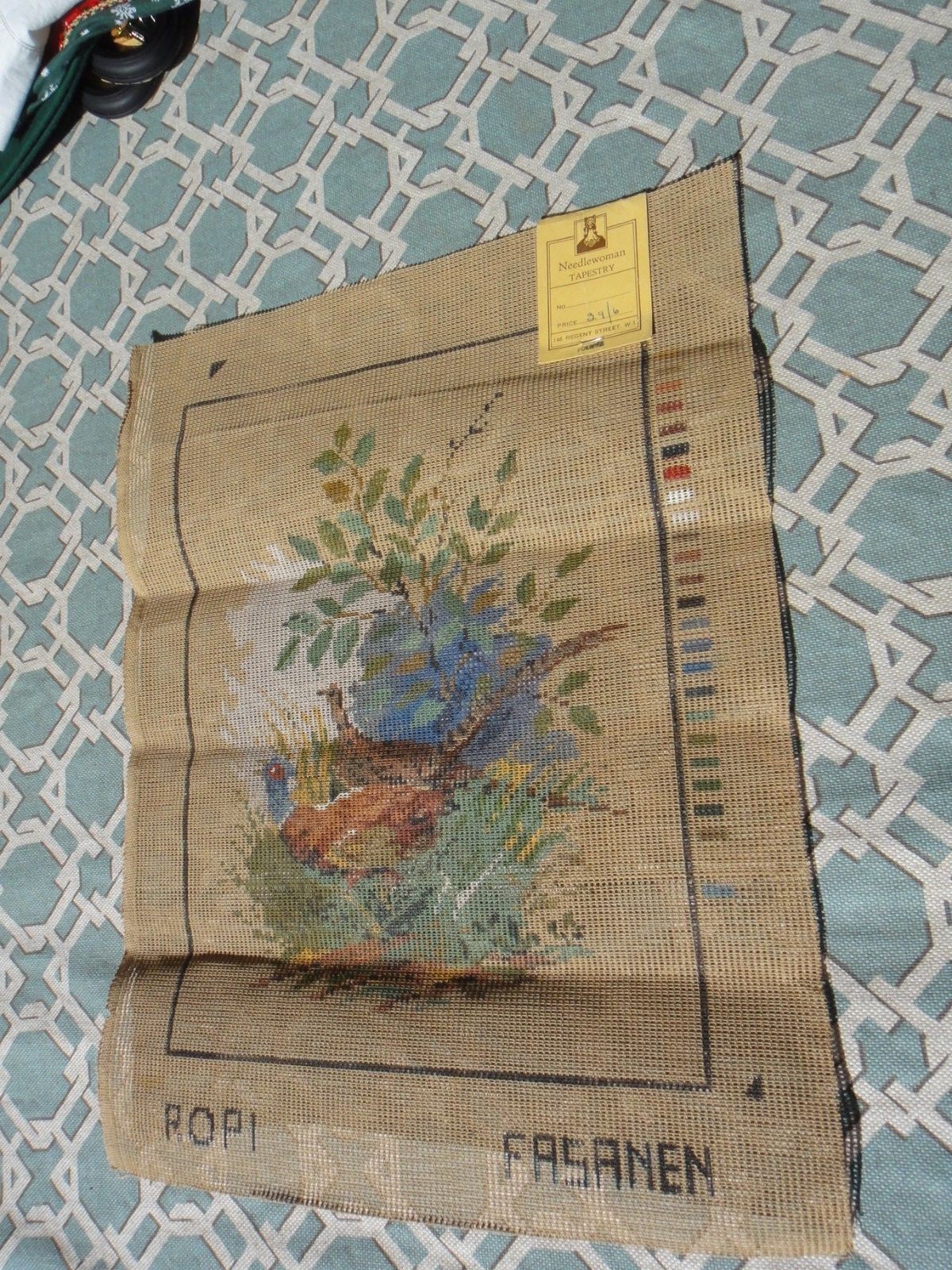 Vintage Needlepoint Canvas 1960 Fasenen (Norwegian for Pheasants) Tapestry