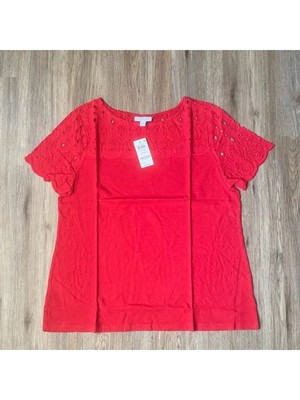 Женская футболка с коротким рукавом и круглым вырезом CHARTER CLUB Womens Red Eyelet с фестонами XS
