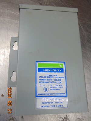 HEVI-DUTY HS19F500A .500KVA TRANSFORMER PRI: 120/240V SEC: 12/24V 1-PHASE
