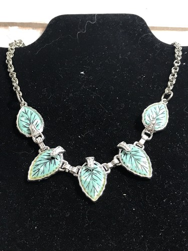 silver tone turquoise feather 17”  necklace