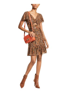 Женское черное платье MICHAEL MICHAEL KORS с коротким рукавом и развевающимися рукавами на подкладке + расклешенное платье-клеш 4