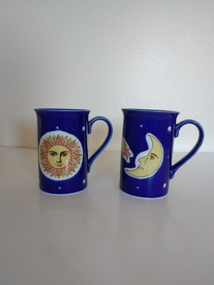RARE Pier 1 Blue Celestial Mugs Sun and Moon Vintage 90s Stars Set of 2