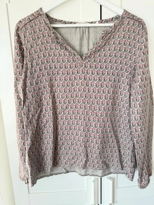 Seasalt Cornwall Size 12 Grey Feather print V-Neck Blouse Tunic top cotton