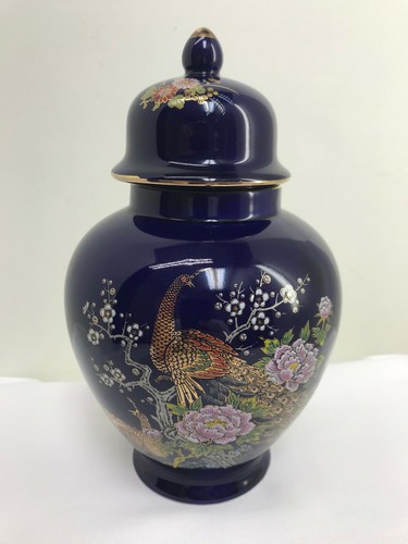 Vintage Decorative Peacock 8.5 inch Cobalt Blue Porcelain  Japanese Ginger Jar