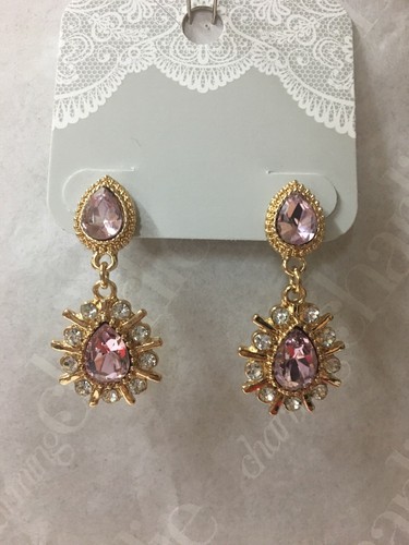Charming Charlie RSVP Bridal Rhinestone & Pink Dangle Earrings Gold Oval