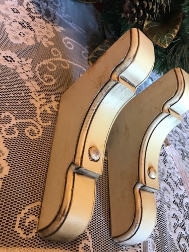 2  Antique Corbels Distressed Wood With French Lines Cream 8 3/4 X6 3/4 X 1 3/4