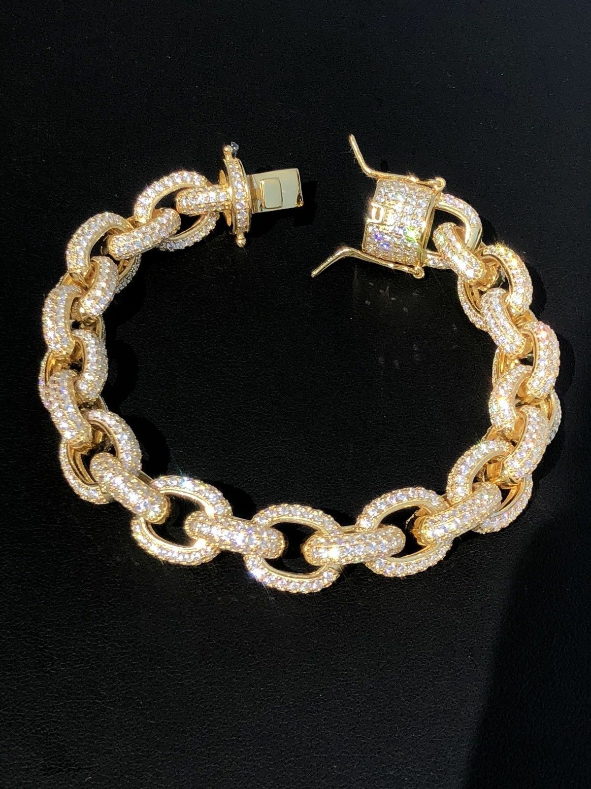 Pre-owned Online0369 4.5 Ct Rd Cubic Zirconia Mens Rolo Charm Bracelet Yellow Gold Plated Silver