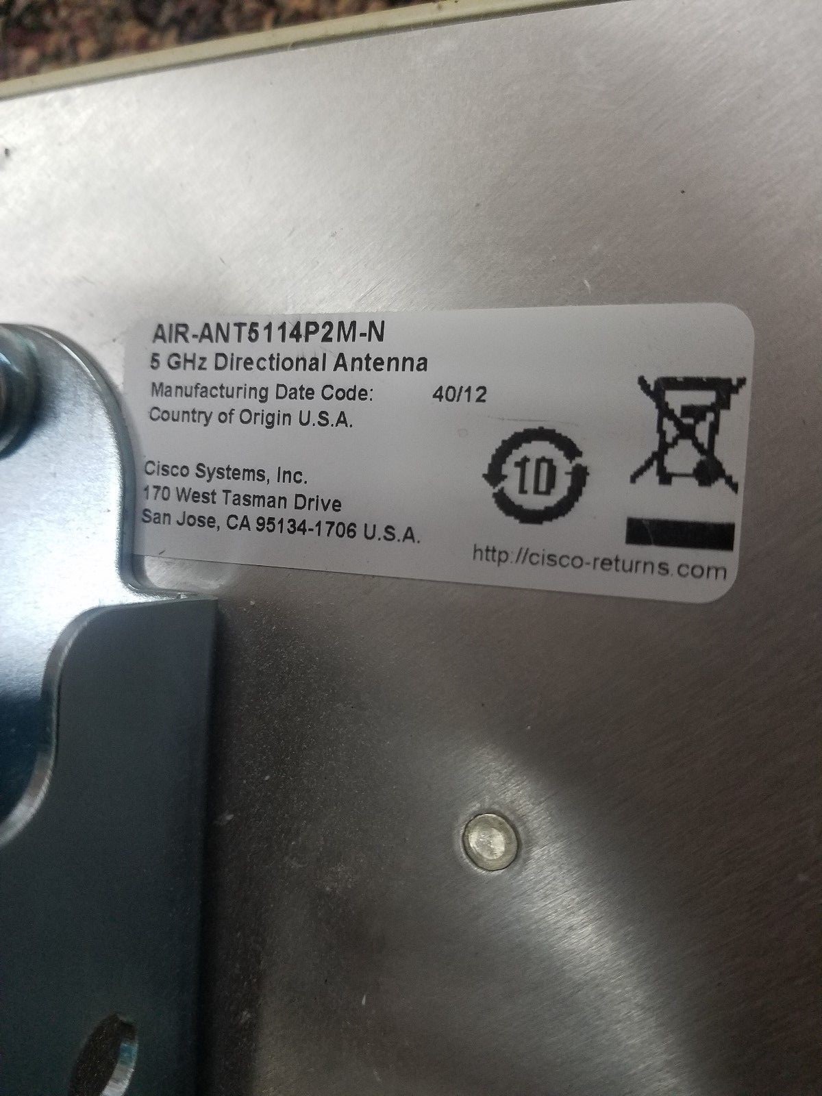 Cisco Systems Aironet Directional Antenna 5GHz W/ Brackets, AIR-ANT5114P2M-N