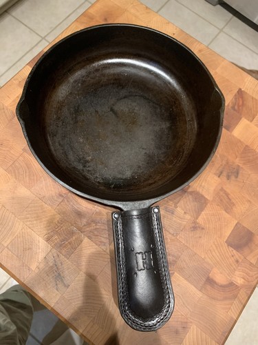 CUSTOM BUILT Leather Cast Iron Skillet Holder Handle Cover Your Choice Initial