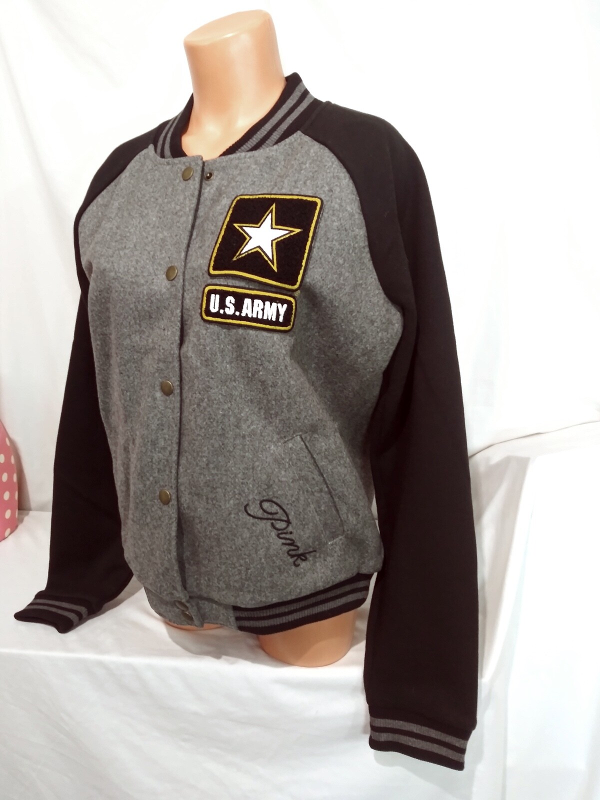 Pre-owned Victoria's Secret Victorias Secret Pink Graphic Us Army Bomber Varsity Jacket Coat S In Gray