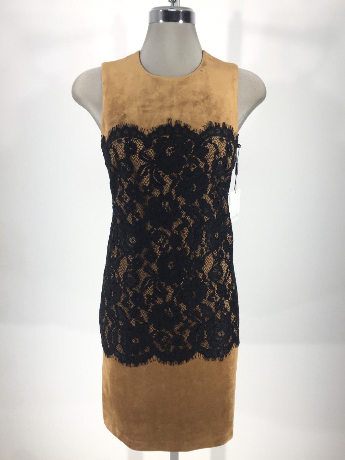 Calvin Klein NWT NUTMEG Черное кружевное коктейльное платье-футляр из искусственной замши, размер 8 L@@K