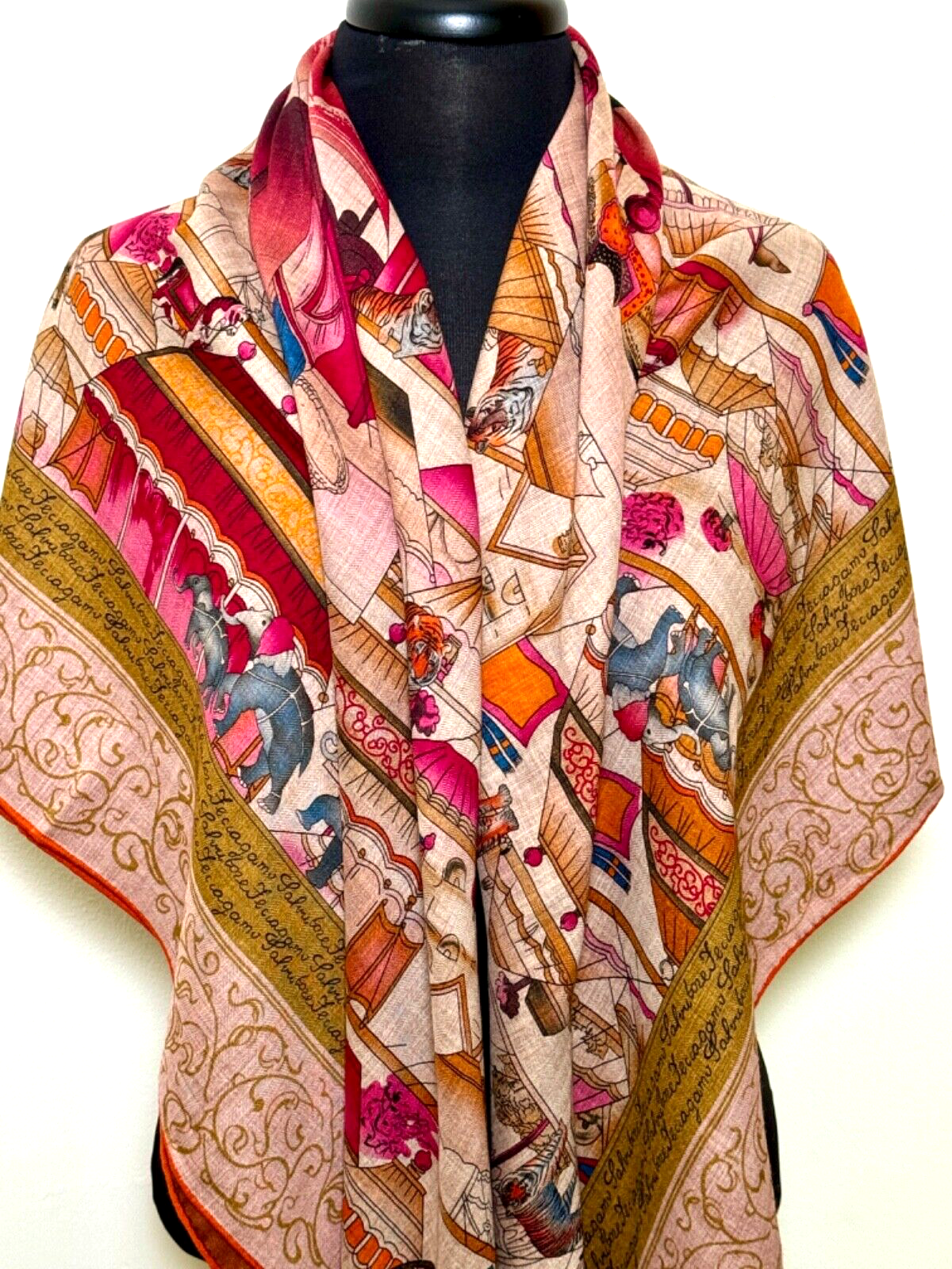 Cashmere & Silk Shawl Scarf with Circus Theme in Soft Challis A355